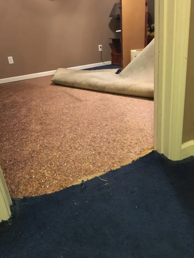 Carpet pad removal revealing water damage during Water Mitigation Services in Oak Grove